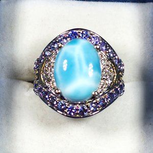 Larimar Tanzanite & Natural Zircon fancy cocktail ring Platinum 14K YG/925  sz 8